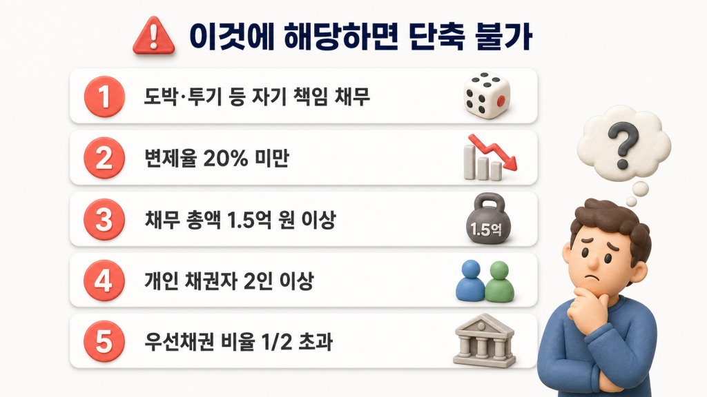 도박/투기, 변제율 20% 미만 등 5가지 불가 조건