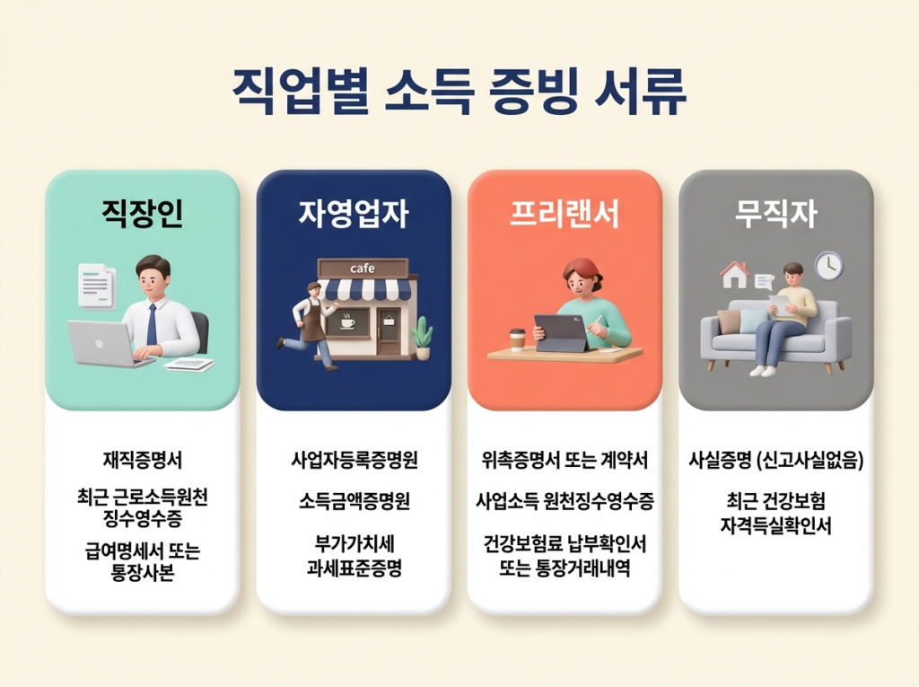 직업별 소득 증빙 서류 - 직장인·자영업자·프리랜서·실직자별 4가지 카드