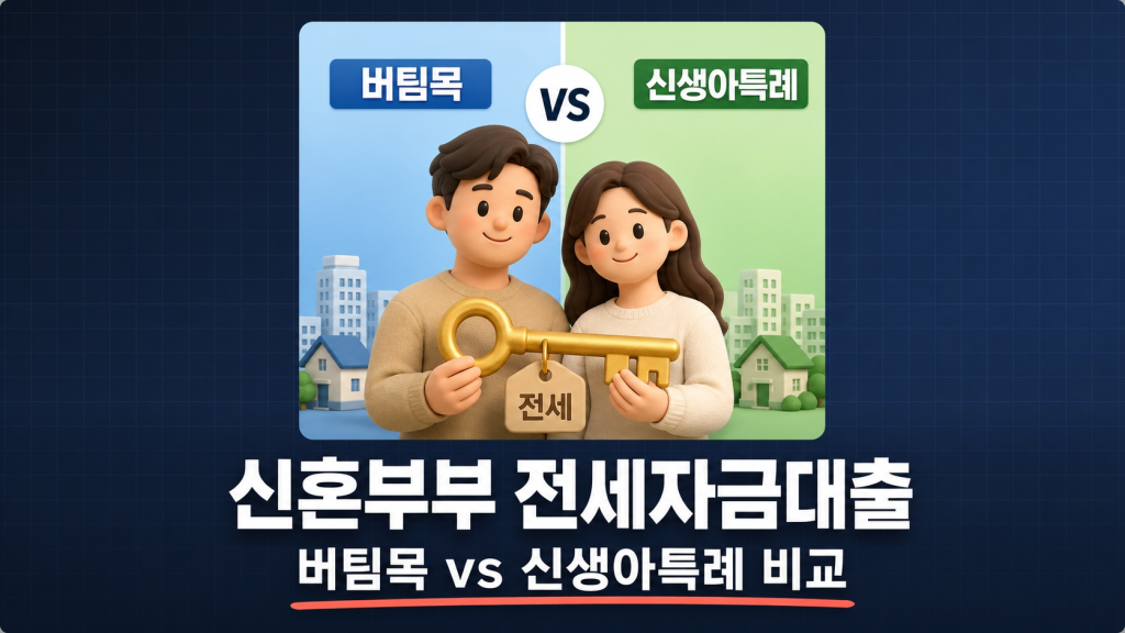  황금 열쇠를 함께 든 커플과 좌우로 분할된 '버팀목' vs '신생아특례' 배경