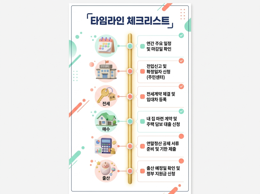 6단계 세로 타임라인 (캘린더, 주민센터, 전세, 매수, 연말정산, 출산)