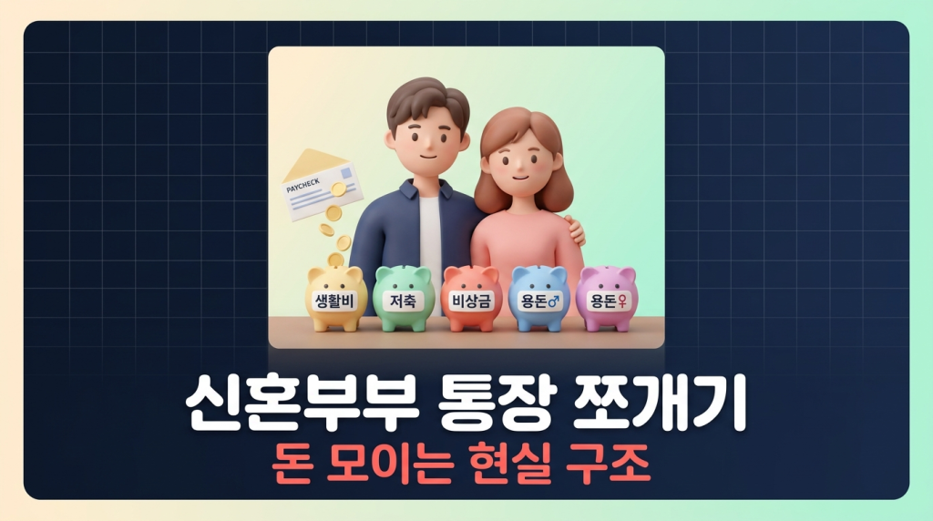 5개의 저금통 뒤에 선 커플과 급여 봉투에서 코인이 흘러나오는 장면, "신혼부부 통장 쪼개기, 돈 모이는 현실 구조"