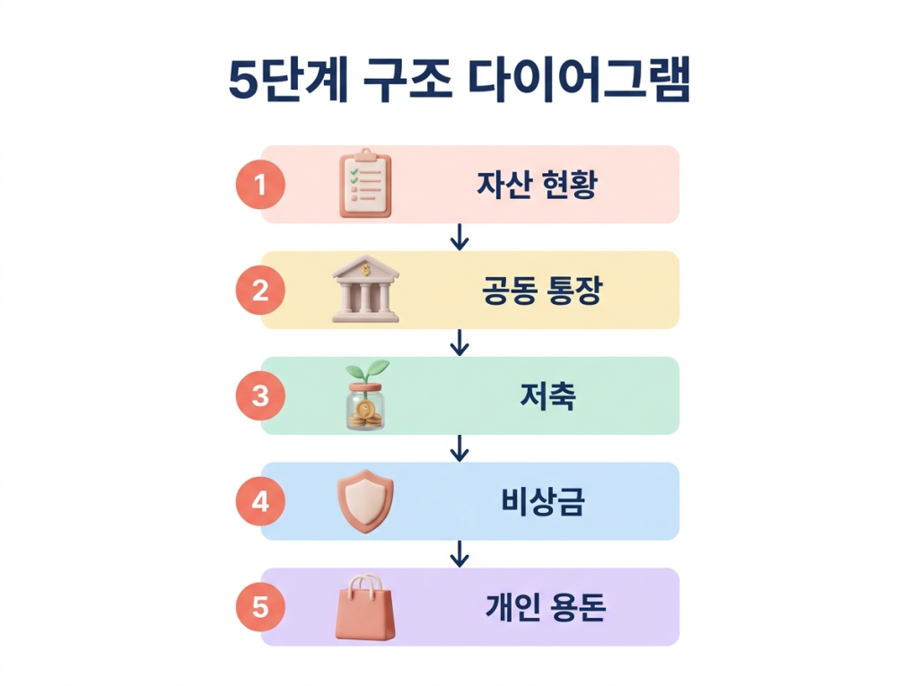 자산 현황→공동 통장→저축→비상금→개인 용돈 