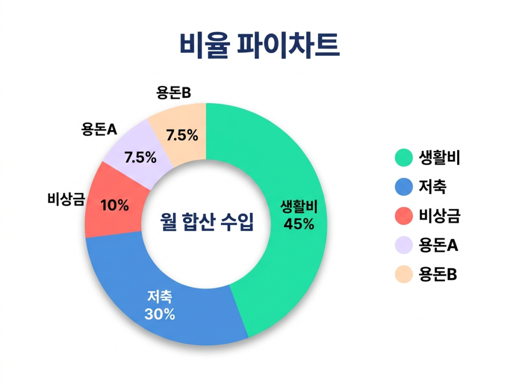 활비 45%, 저축 30%, 비상금 10%, 용돈A/B 각 7.5% 도넛 차트