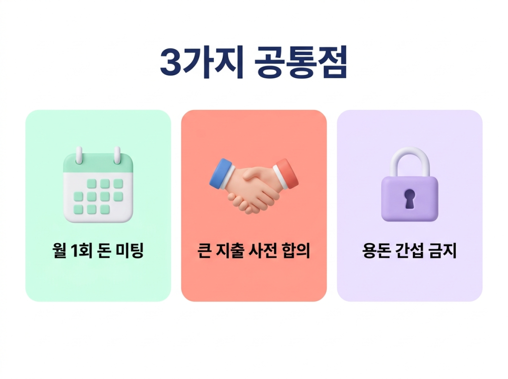 월 1회 돈 미팅, 큰 지출 사전 합의, 용돈 간섭 금지 3개 카드