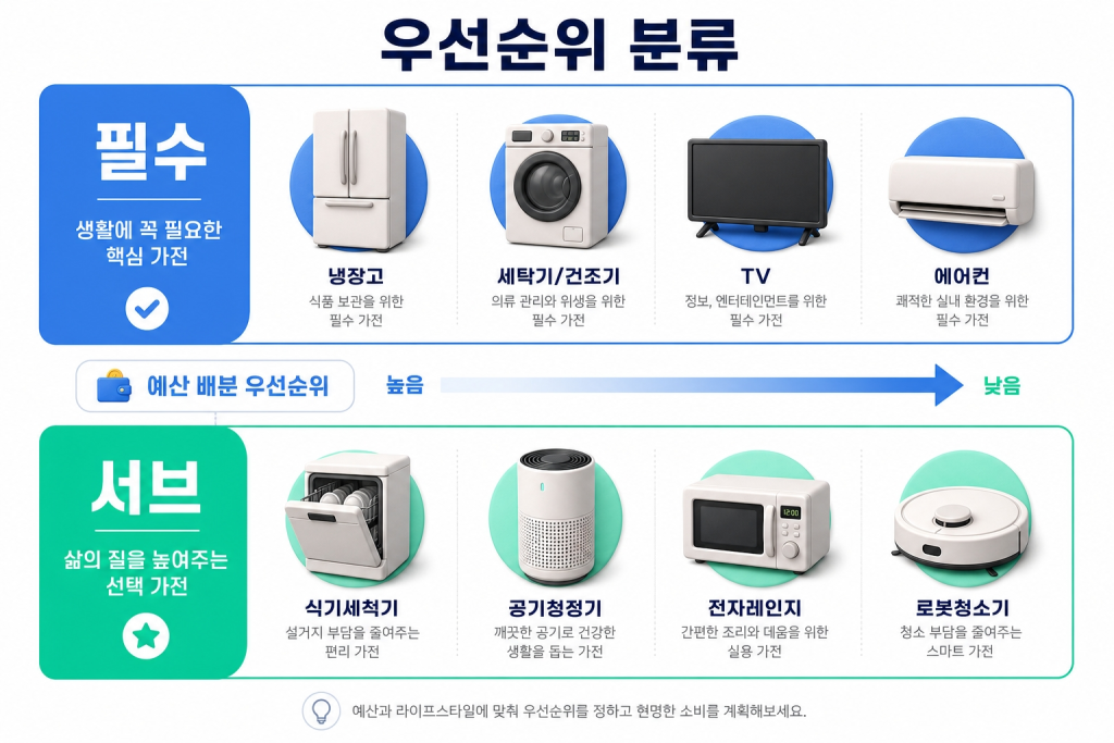 필수(냉장고·세탁기·TV·에어컨) vs 서브(식기세척기·공기청정기·전자레인지·로봇청소기)