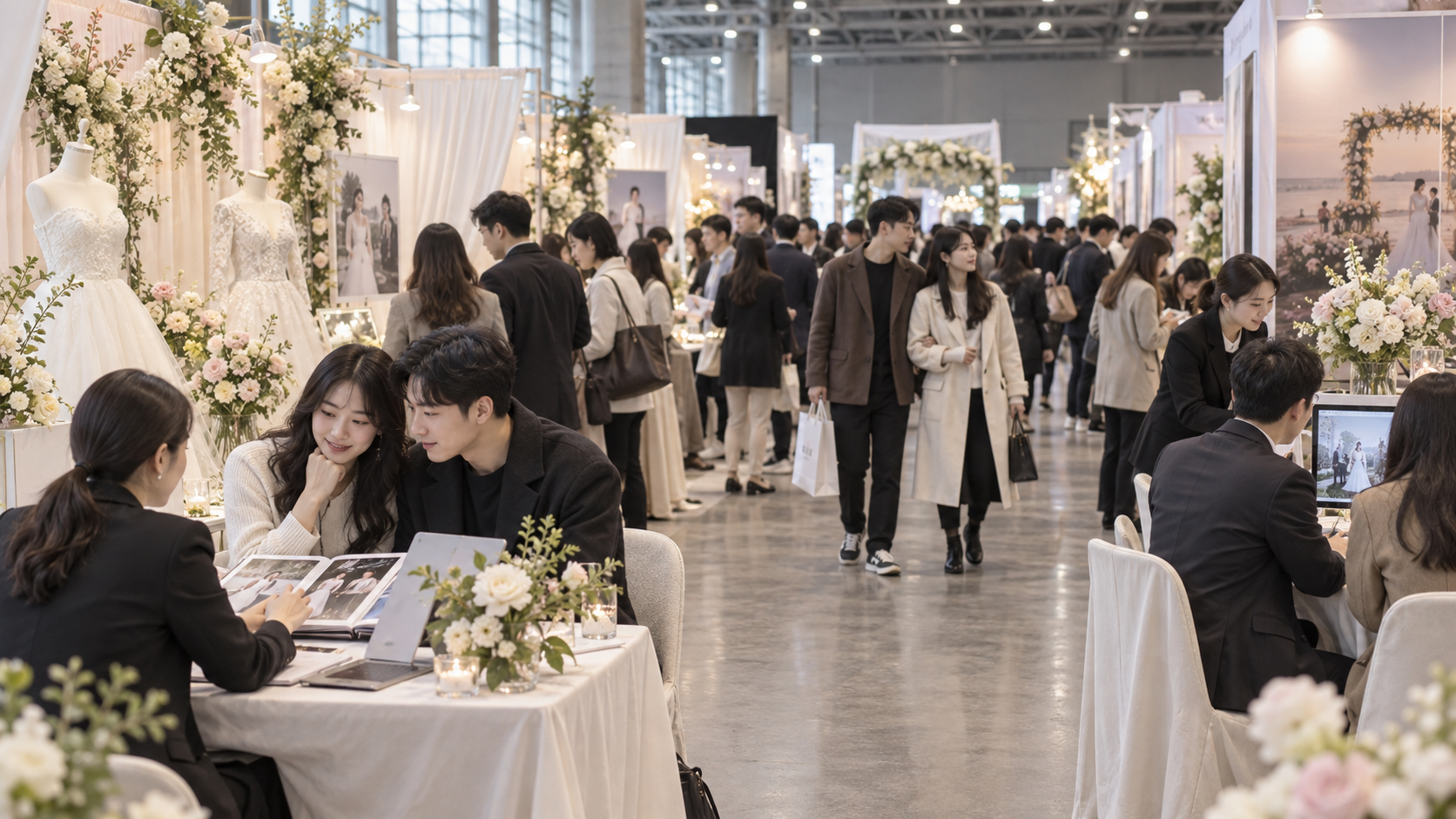 웨딩박람회 상담 부스 사이를 둘러보는 예비부부
