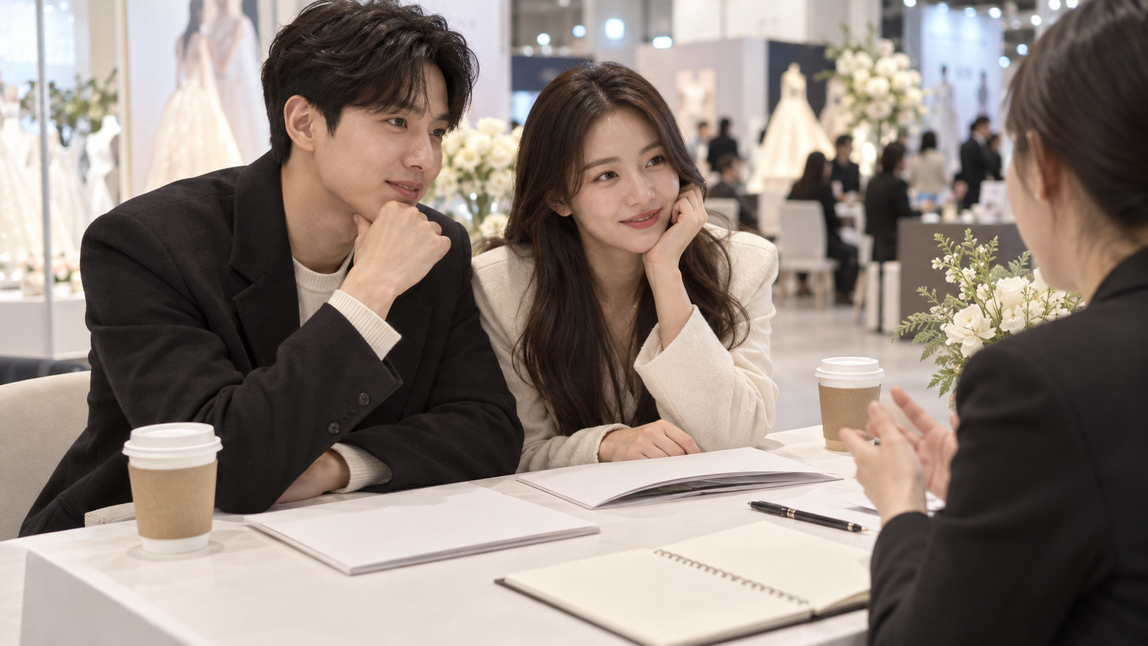 웨딩박람회 상담 테이블에 앉은 예비부부