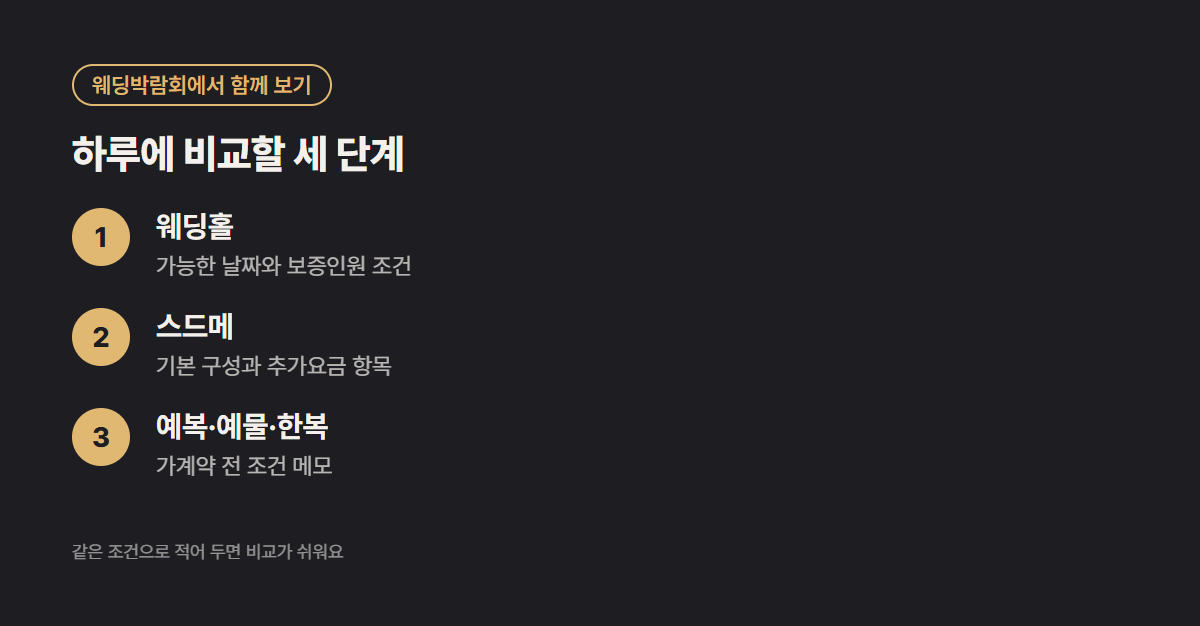 웨딩박람회에서 하루에 비교할 세 단계: 웨딩홀, 스드메, 예복·예물·한복