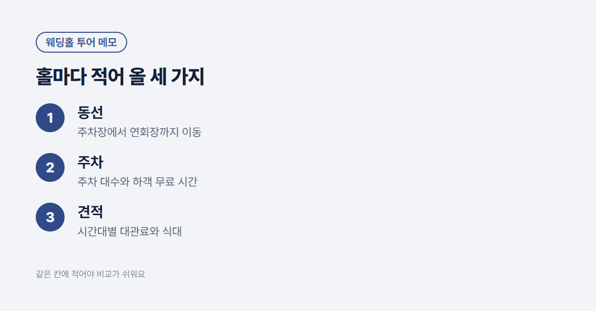 웨딩홀 투어 때 홀마다 적어 올 세 가지: 동선, 주차, 견적