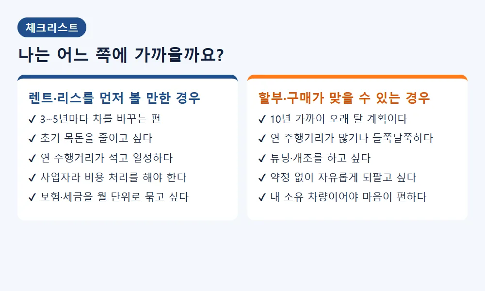 장기렌트와 할부 선택 체크리스트